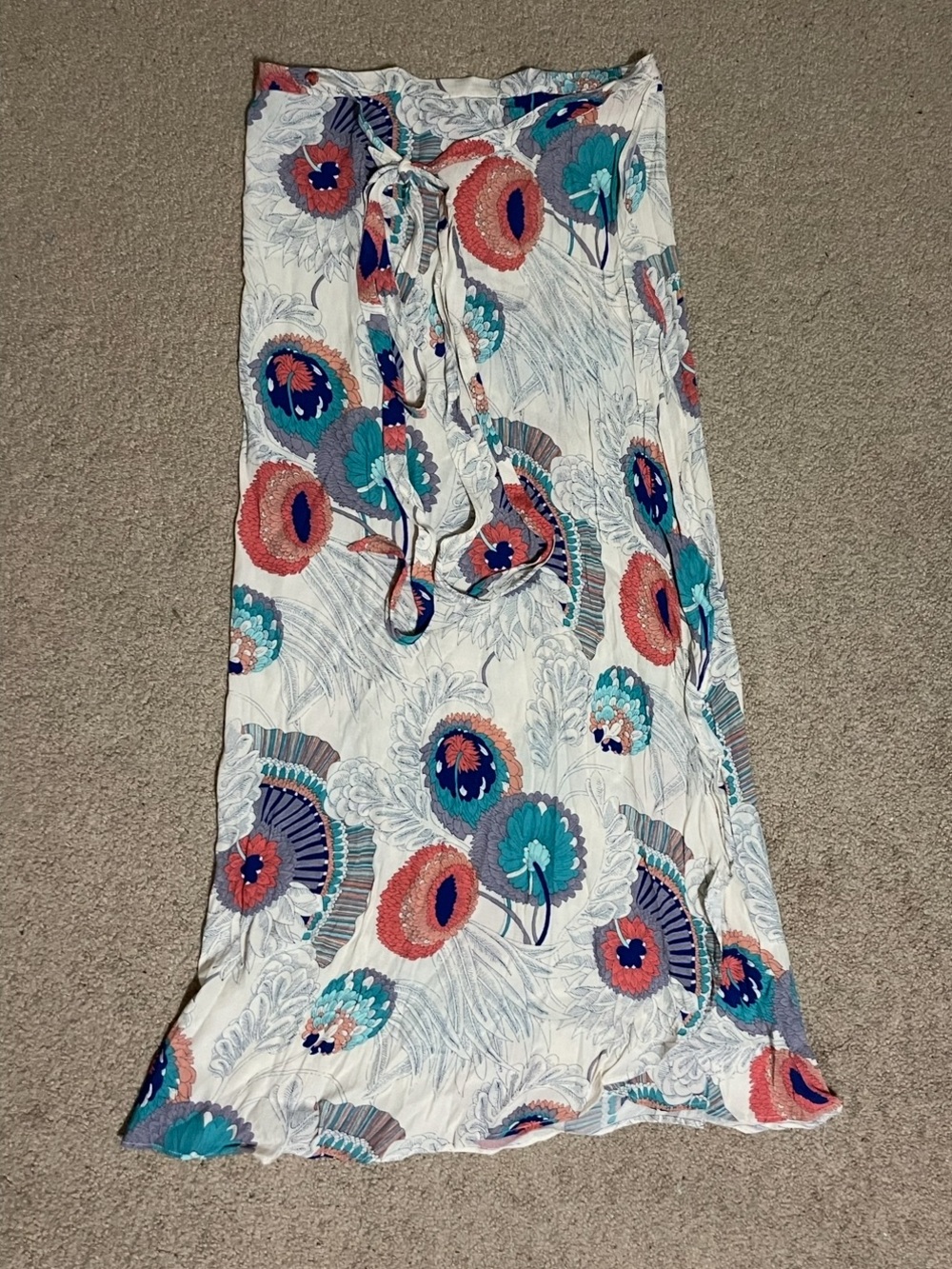 Zara Multicolor Floral Maxi Skirt in White with Teal, Coral & Navy Large NWT